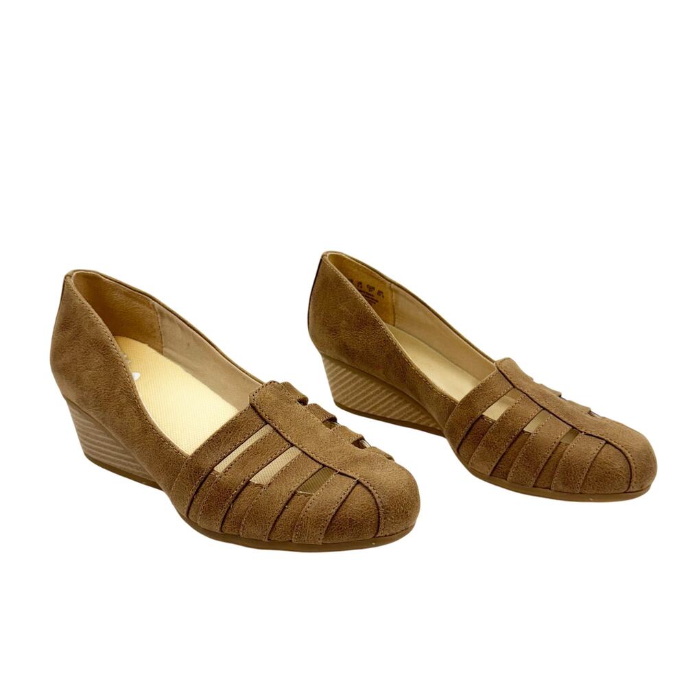 Dr. Scholl's Tan Faux Suede Wedge Heel Sandals Shoes Sz 7M Boho Comfort Support